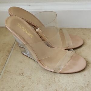 ShoeDazzle Cream Tan Wedges 4" Heels Clear Heels & Straps Sz 8.5 Parties Nights